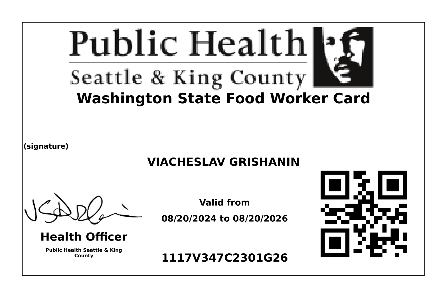 Washington State Food Worker Card